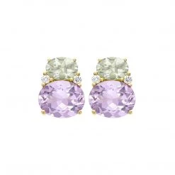 Kiki McDonough Ltd Kiki Classic Lavender Amethyst, Green Amethyst And Diamond Double Oval Studs In Yellow Gold Jewellery