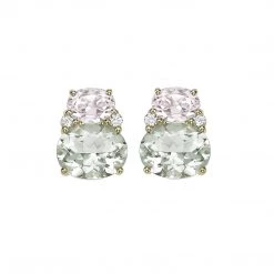 Kiki McDonough Ltd Earrings Kiki Classic Morganite, Green Amethyst And Diamond Double Oval Studs In Yellow Gold