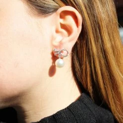 Kiki McDonough Ltd Earrings Pearl Drops With Diamond Bow Detailing In White Gold