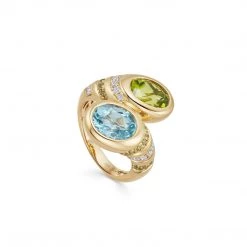Kiki McDonough Ltd New Arrivals Kiki Classics Blue Topaz And Peridot Cross Over Ring In 18ct Yellow Gold